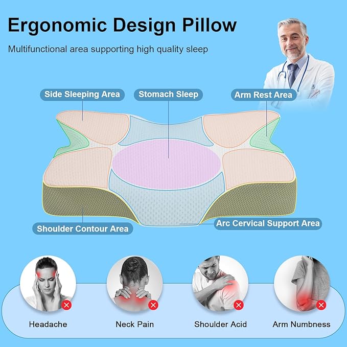 Anvo Ergonomic Pillows for Pain Relief Sleeping - Cervical Pillow for Neck Pain Relief - Memory Foam Pillows for Neck and Shoulder Pain - Neck Pillow for Side Back & Stomach Sleeperr - Silver Firm