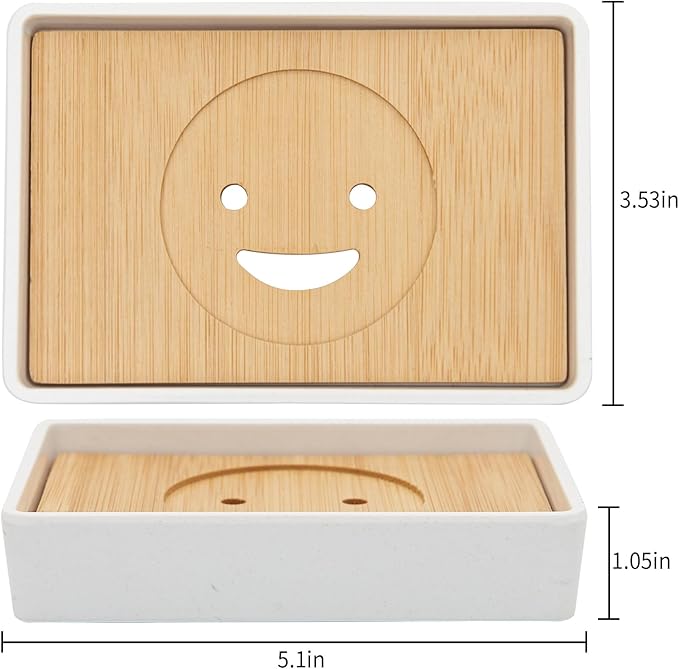 Bamboo Soap Dishes for Shower Wooden Soap Bar Holder for Bathroom Soap Tray Easy to Clean, Durable and with Non-Slip Pads(Single White Smiley face)