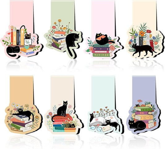 Black Cat Magnetic Bookmarks - 8 Pcs Floral Magnetic Bookmark Plant Bookmark Magnets Page Clip Gifts Book Mark Magnets Cat Lover Gifts for Book Lovers Students Teacher Reading Book Mark