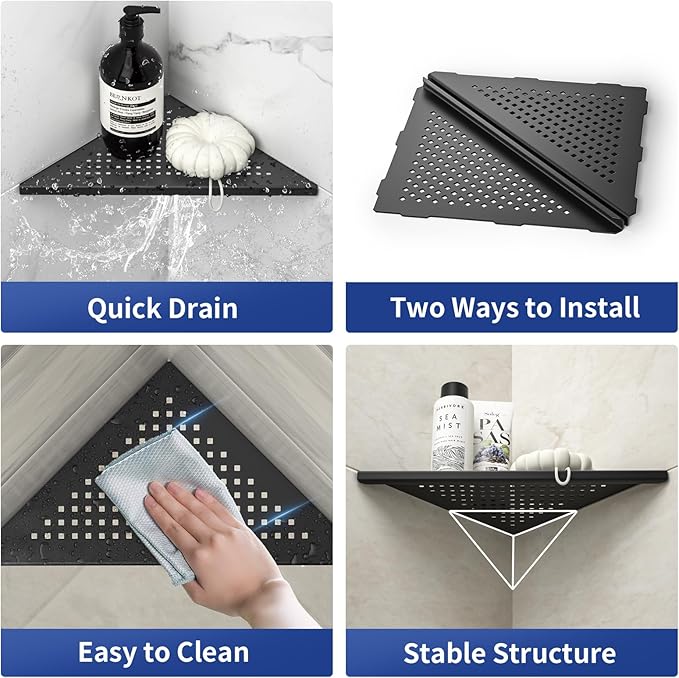 Corner Shower Shelf, 10" Matte Black 304 Stainless Steel Grout in Shelf Rack for for Tiled Wall, Recessed Bathroom Shelf, No Drilling Needed