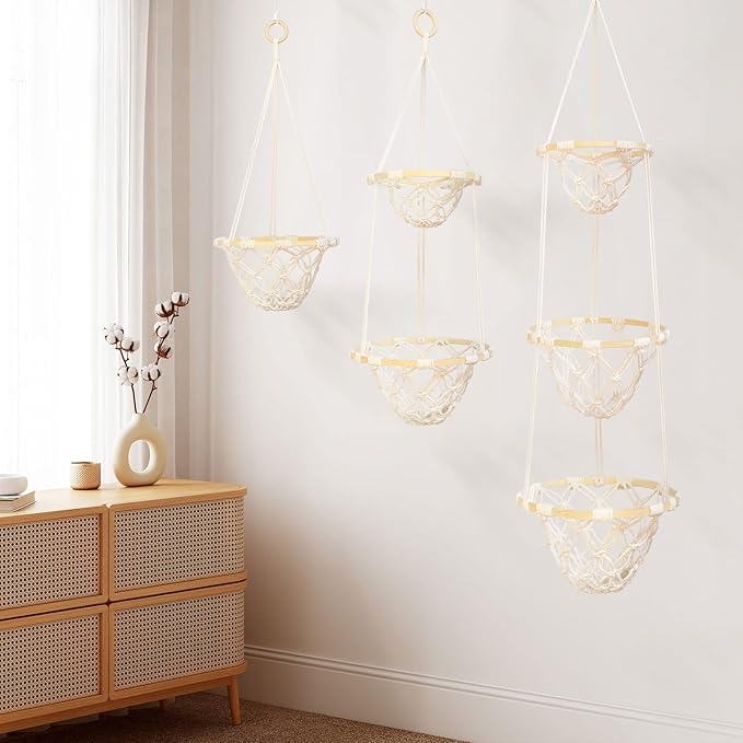 2 Tier Macrame Hanging Fruit Basket, Boho Vegetable Holder for Kitchen Food Storage with Hook, Bohemian Cotton Produce Multi Organizer, Plant Hanger Decor for Home Living Room Women Christmas Gift
