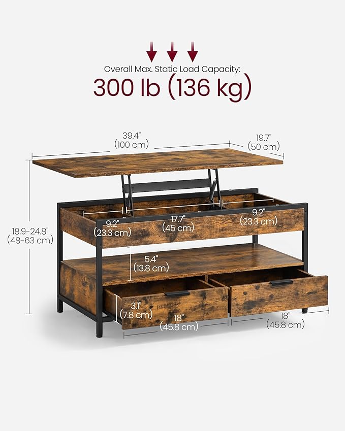 VASAGLE Lift Top Coffee Table with Storage Drawers, Coffee Table for Living Room with Lifting Top, Hidden Compartments and Open Shelf, Rustic Brown and Ink Black ULCT209K01