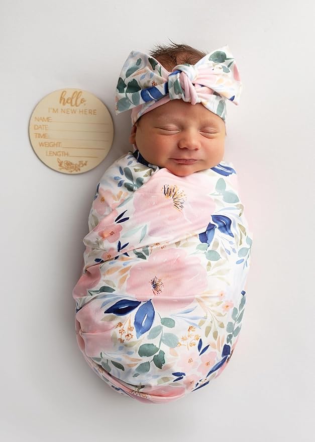 Baby Receiving Blanket Swaddle Blanket Infant Wrap with Matching Headband Beanie and Name Card (Pink and Purple)