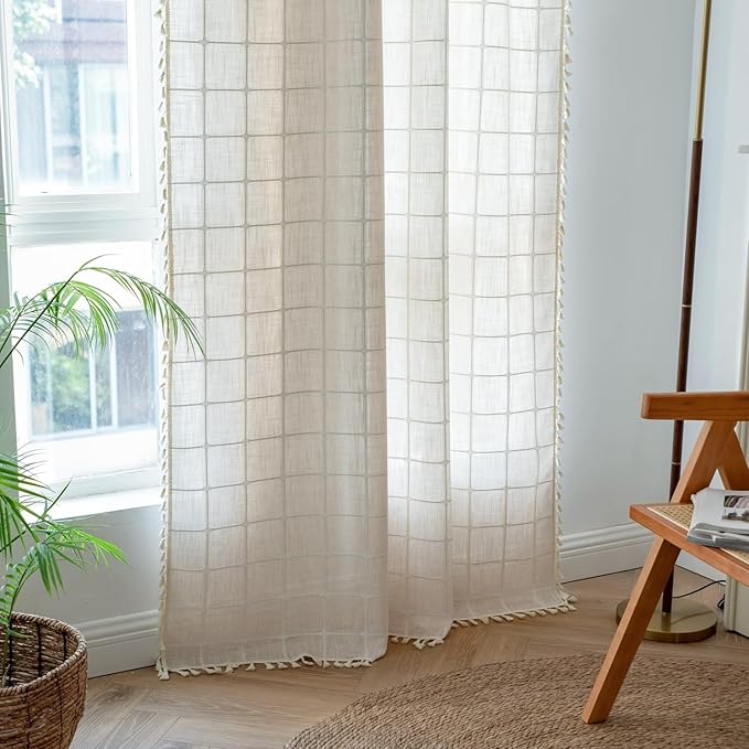Sutuo Home Boho Curtains for Living Dining Room Bedroom 96 Inch Length, Light-filtering Vintage Chic Tassels Farmhouse Linen Window Treatment Bohemian Drape, 1 Panel 52" W x 96" L, Light Coffee Plaids