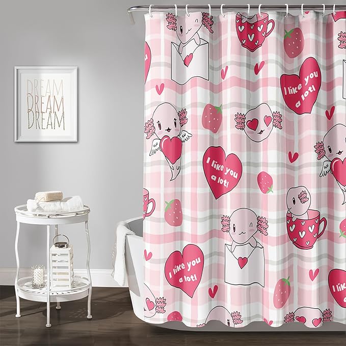 AILONEN Axolotl Shower Curtain Pink Love Hearts Print Bath Curtain Girls Women Adults Strawberry Grid Shower Curtain 72" W*96" H Bathroom Curtain Decor Polyester Waterproof Curtain with 12 Hooks