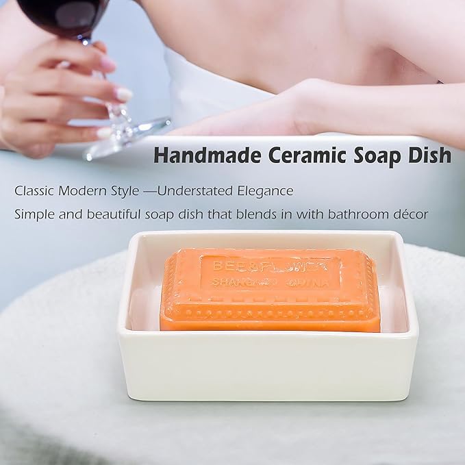 White Ceramic Soap Dish for Shower, Minimalist Soap Dish for Bathroom Sink and Bathtub, Non-Slip Soap Holder with Drainage, Classic Modern Style Soap Bar Tray Adds Beauty to Bathroom