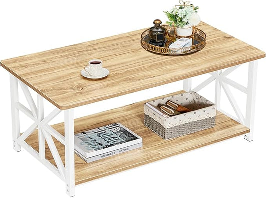 GreenForest Coffee Table with Round Corner, Farmhouse Center Table with 2-Tier Storage Shelf X-Frame Design for Living Room, 39 inch Oak