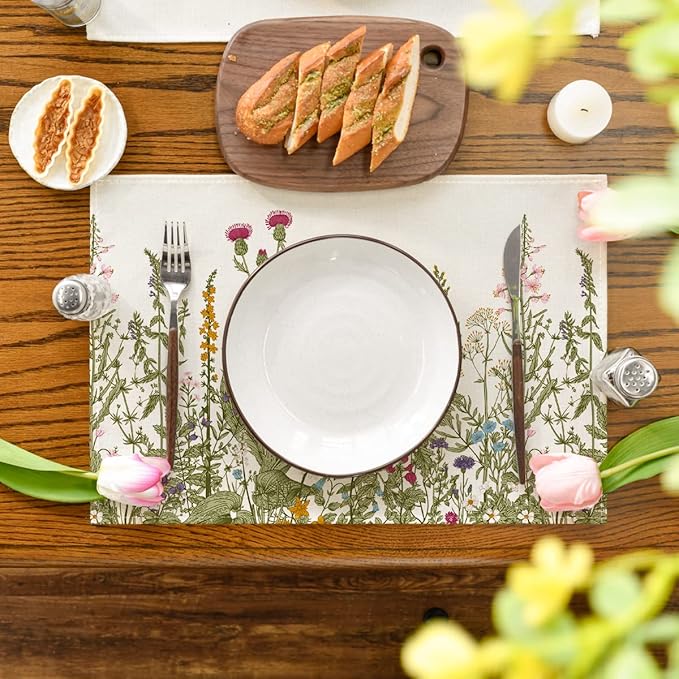 Artoid Mode Antique Herbs and Wild Flowers Summer Placemats Set of 4, 12x18 Inch Seasonal Wildflower Spring Table Mats for Party Kitchen Dining Decoration