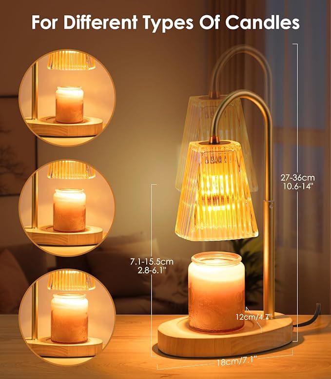 Candle Warmer Lamp - Dimmable Wax Melt Warmer with Amber Lampshade and 2 Bulbs for House Warming, Bedroom Decor