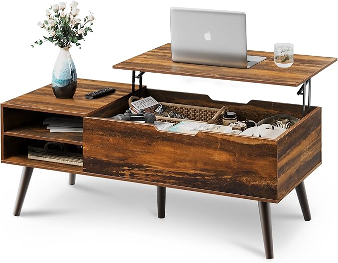 WLIVE Coffee Table, 47“ Lift Top Coffee Tables with Adjustable Storage Shelf and Hidden Compartment, Lift Tabletop Dining Table for Living Room, Rustic Oak