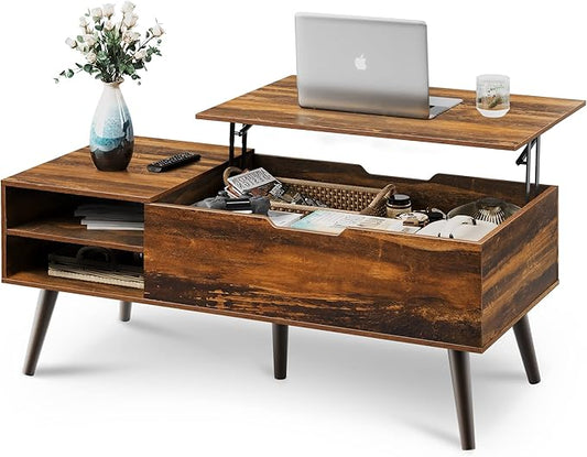 WLIVE Coffee Table, 47“ Lift Top Coffee Tables with Adjustable Storage Shelf and Hidden Compartment, Lift Tabletop Dining Table for Living Room, Rustic Oak