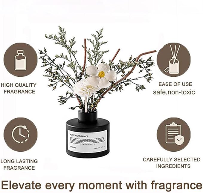 Reed Diffuser Set with Dried Flowers, 3.38fl.oz Fragrance Diffuser with Sticks, Scented Sticks Aroma Diffuser, Home & Office Décor for Air Fresheners, Bathroom (Jasmine Tea)