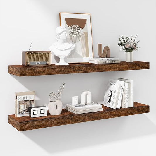 Fun Memories 36 Inch Floating Shelves - Deep Rustic Wooden Wall Shelves - Extra Deeper & Thicker Wall Mounted Storage Shelf for Bedroom, Kitchen, Farmhouse - 2 Pack, Rustic Brown