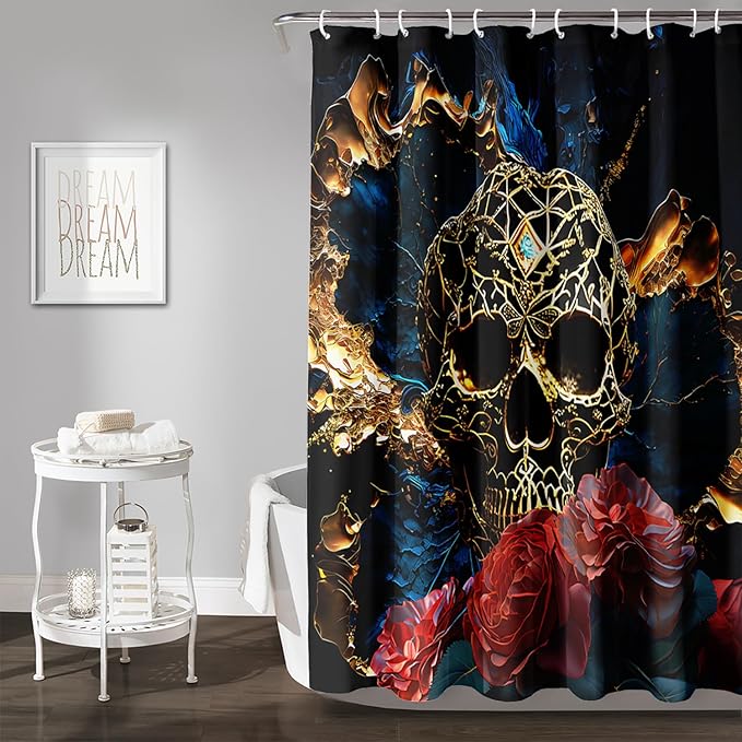 AILONEN 3D Skull Shower Curtain,Oil Ren Rose with Gold Skull Skeleton Design Shower Curtain Set with Hooks for Boys Girls Teens,Gothic Skull Waterproof Fabric Shower Curtain for Bathroom,36" W*72" H