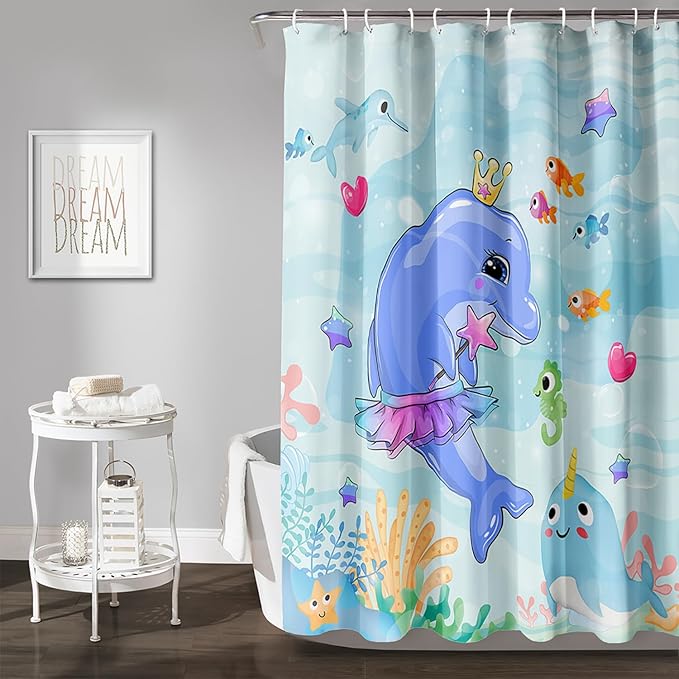 AILONEN Cute Dolphin Shower Curtain for Bathroom, Dolphin Fish Ocean Bath Curtain,Modern Minimalist Blue Waterproof Fabric Shower Curtain Set with Hooks 36" W*72" H