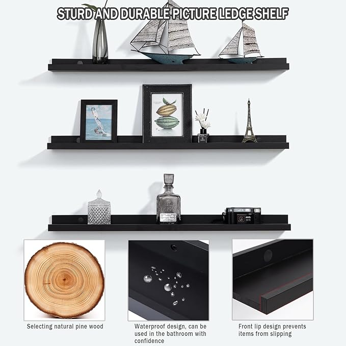 Floating Picture Ledge Shelves for Wall Set of 3, 24 Inch Wall Shelves with Lip Long Large Nursery Book Shelf for Toys Storage Kids Bookshelf Wall Mounted Living Room Bedroom Decor Frames(Black)