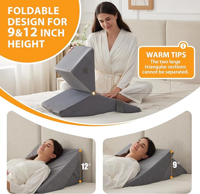 Bed Wedge Pillow for Sleeping, 9&12 Inch Wedge Pillow for Back Pain Relief, Adjustable 7-in-1 Memory Foam Triangle Pillow for Back and Leg Support, Acid Reflux, Snoring & Gerd, Velvet