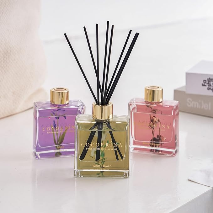 COCORRÍNA Reed Diffuser Set of 3-3 Pack/ 3.04 Fl.oz Diffuser with 24 Sticks White Flower/Irises/Rose Fantasy Reed Diffuser for Home Bathroom Office Decor