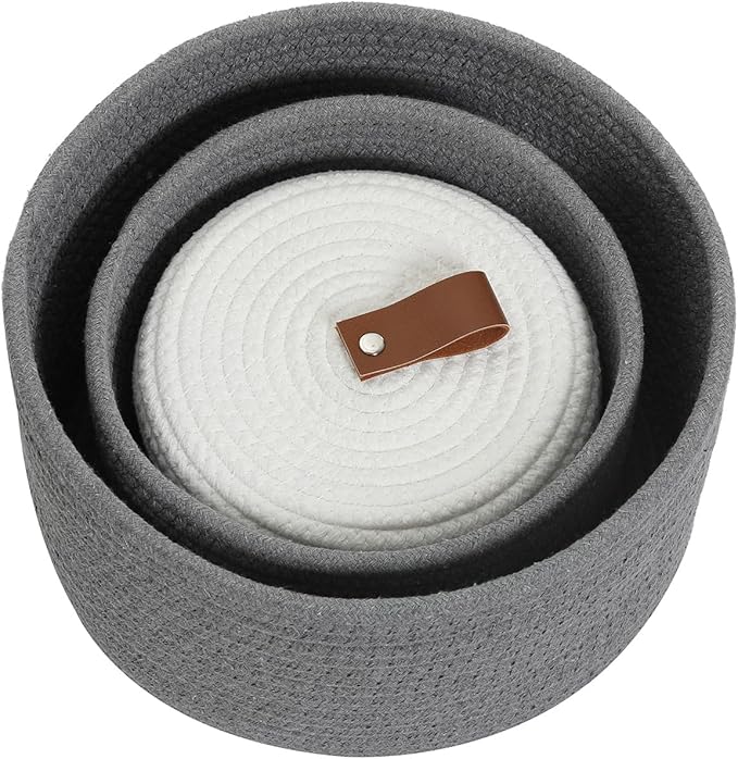 Cottonphant Set of 3 Stylish Round Woven Baskets with Lids - Elegant Storage Solution for Home Decor and Organization - Compact Shelf Baskets (Grey/White Lid, 10"x6"-8"x5"-6"x4")