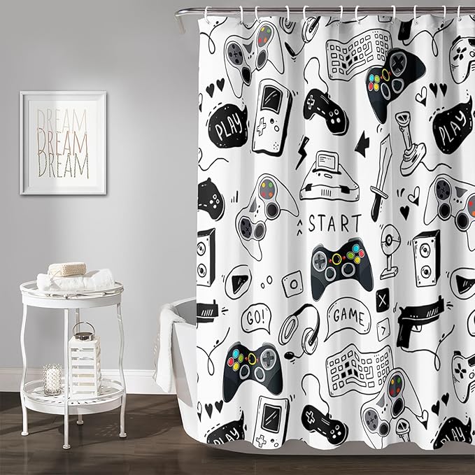 AILONEN Gamer Shower Curtain for Boys 60" W*72" H Black Gaming Video Game Bathroom Curtain,Teen Boys Bath Curtain Polyester Waterproof Retro Game Controller Bathroom Curtain with 12 Hooks