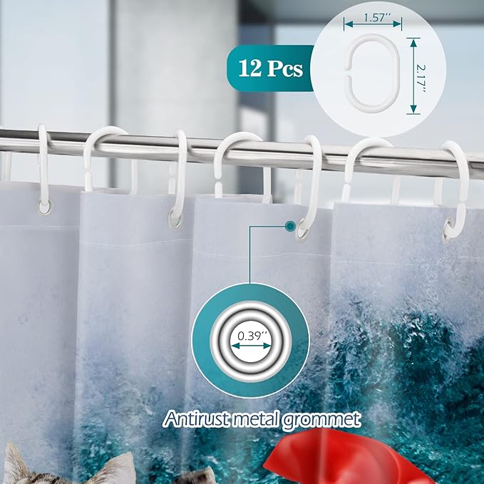 Aimego Long Funny Shower Curtain - Cute Crazy Cat Riding Shark Ocean Fun Fabric Cloth Shower Curtain Set with 12 Hooks for Adults Bathroom Decor Accessories Bath Curtain, 72"x78", Blue Red