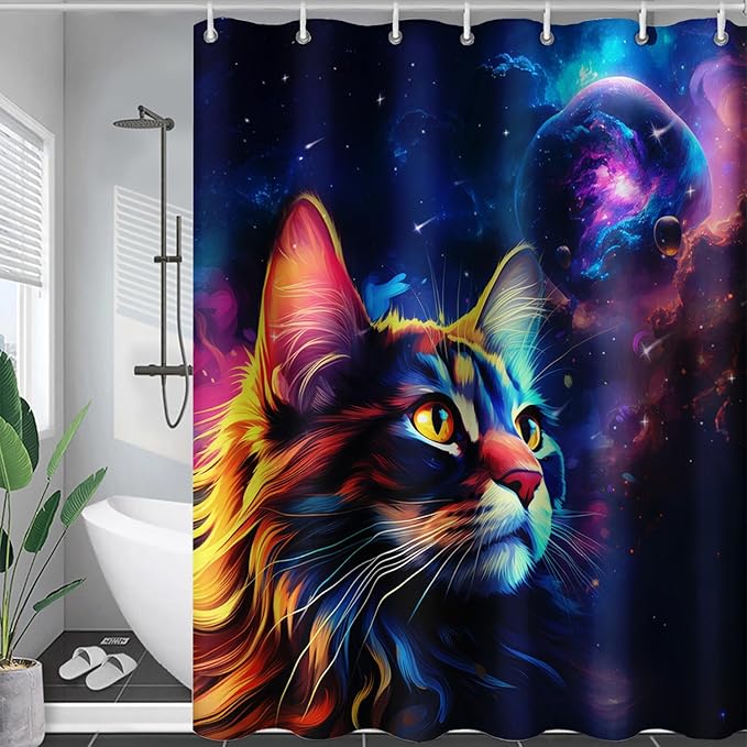 AILONEN Cat Shower Curtains for Kids,Galaxy Cat Curtains Gifts for Cat Lover,Animal Theme Bath Curtains for Bathroom Decor,72" W*84" H Polyester Waterproof with 12 Plastic Hooks