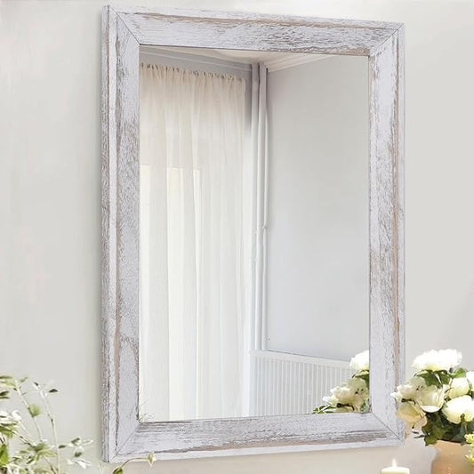 AAZZKANG Mirrors for Wall Rustic Wood Framed Hanging Mirror 28"x20" Decorative for Farmhouse Bedroom Bathroom Living Room Entryway Hallway White