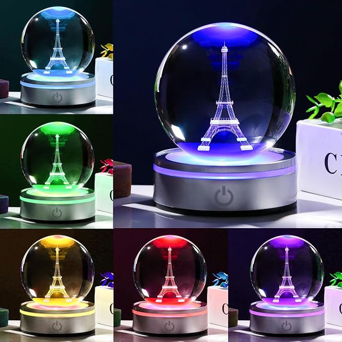 Movdyka 3D Crystal Ball Eiffel Tower Decor Statue Paris Gifts for Women Men, Laser Etched Eiffel Tower Snow Globes with Lamp Base, Paris Themed Bedroom Ornaments Party Decorations France Souvenirs