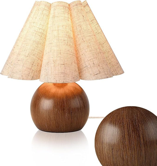 Farmhouse Cute Table Lamp for Bedroom & Living Room - Wood Grain, Vintage Style with Scalloped Shade