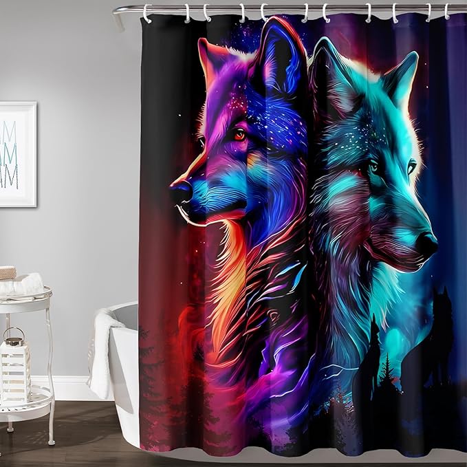 AILONEN Wolf Shower Curtain,Evening Howling Wolf Bath Curtain for Bathroom Decor,Wildlife Shower Curtain for Teens,Polyester Waterproof with 12 Plastic Hooks 48" W*72" H