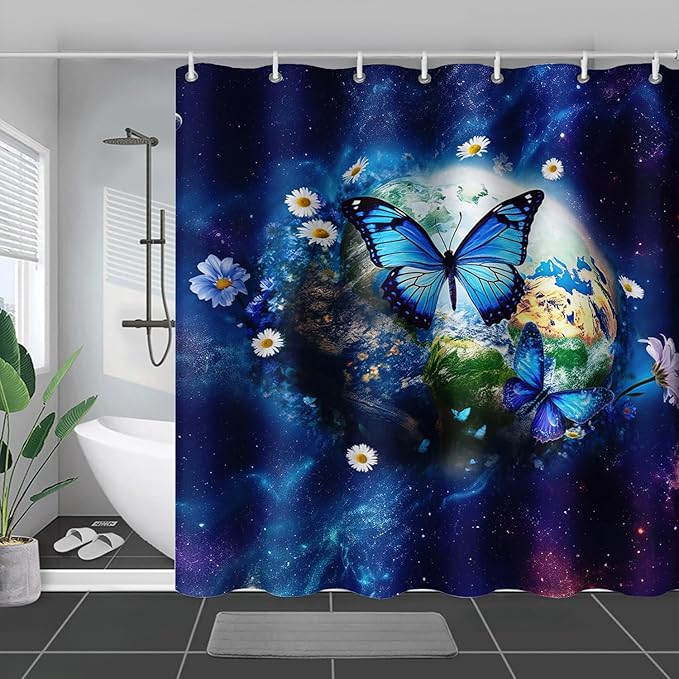 AILONEN Blue Butterfly Shower Curtain 72" W*96" H,Mystic Galaxy Earth Starry Bathroom Decor,Modern Floral Butterfly Bath Curtain Polyester Waterproof Bathroom Curtain with 12 Hooks