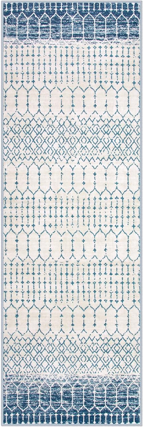 Lahome Moroccan Washable Blue Runner Rug - 2x6 Rug Runners for Hallways Non Slip Throw Stain Resistant Kitchen Runners, Geometric Print Distressed Indoor Floor Rug for Entryway Bathroom Bedroom