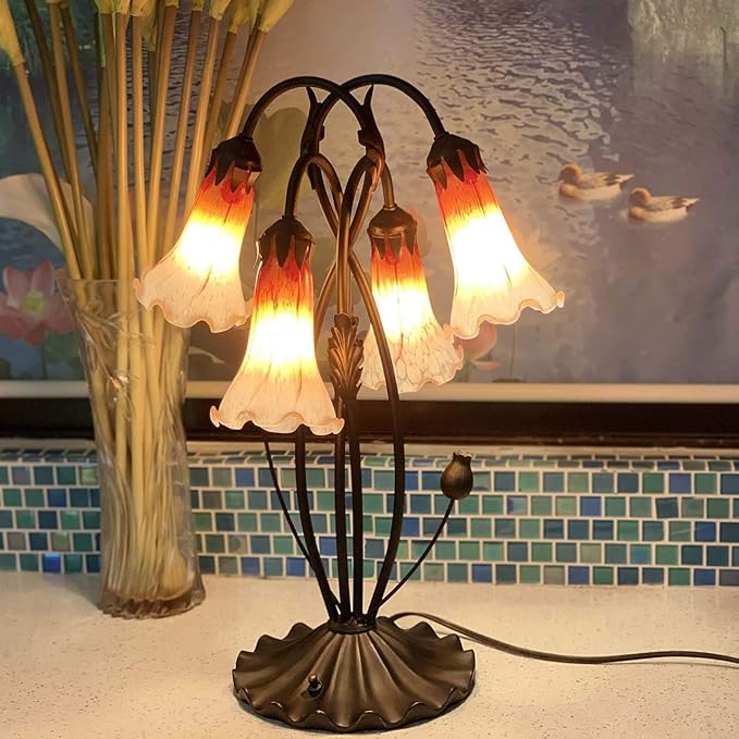 Bieye L10699 Lily Flower Blown Glass Accent Table Lamp for Living Room Bedroom Decoration (4-Light, Orange)
