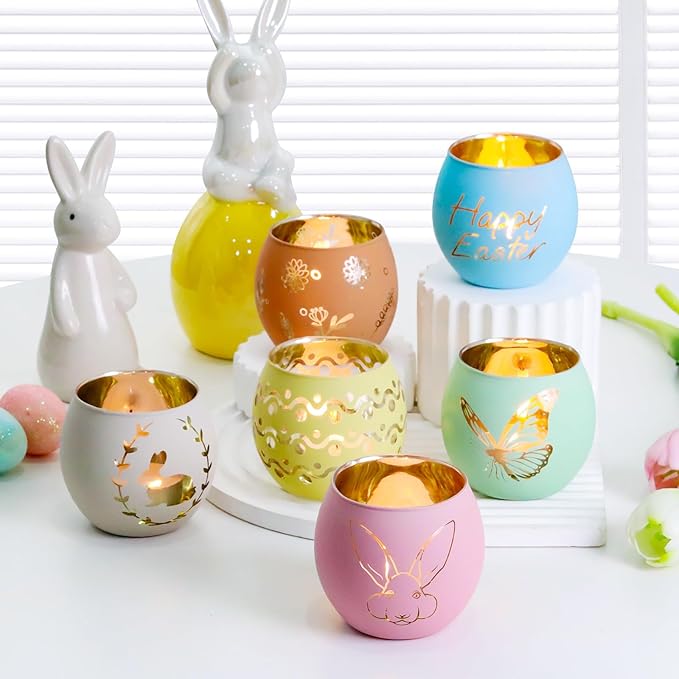 SHMILMH Easter Candle Holders 6PCS, Easter Table Decorations Glass Votive Tealight Candle Holders, Indoor Easter Centerpiece Decorations, Women Adult Easter Gifts
