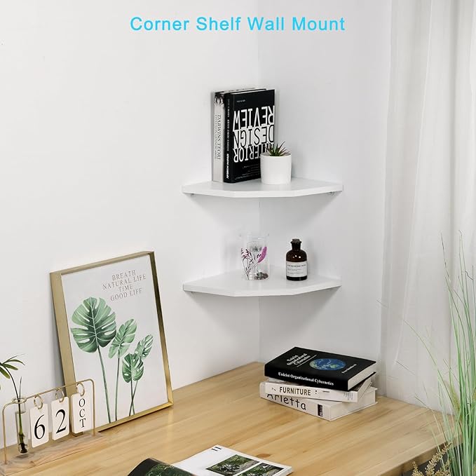 Corner Wall Shelves Set of 2, Rustic Wood Corner Floating Shelves with Cable Raceway, Wall Mount Storage Display for TV Accessories, Baby Monitor, Speaker, Cable Box (White, Diamond- 12 Inch)