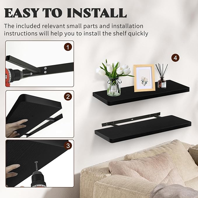 Floating Shelves for Wall, Wood Shelves with Invisible Brackets for Bathroom, Living Room, Bedroom and Kitchen, Long Wall Shelf for Books/Storage/Room Decor, 24 Inch, Set of 2, Black