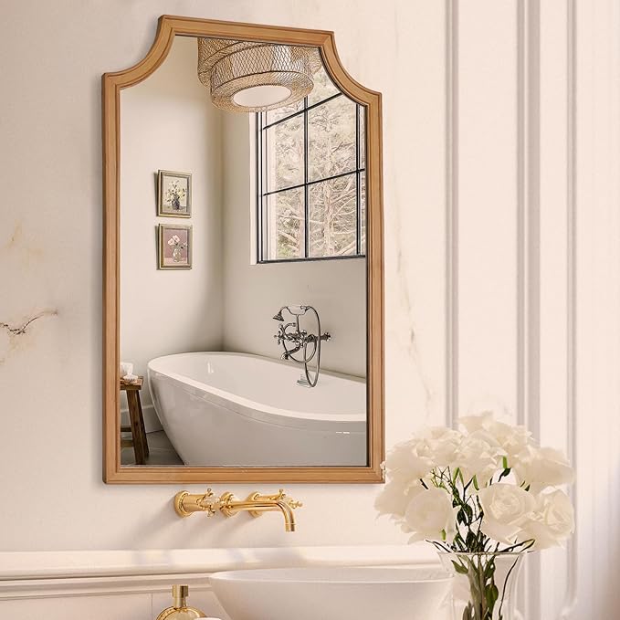 WallBeyond Scalloped Wood Mirror for Small Bathroom Vanity 20x30 Inch Rectangle Wall Mirror Decor for Hallway Bedroom Living Room Home (Natural)