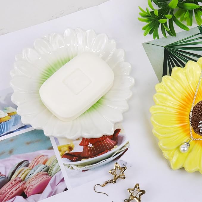 Self Draining Soap Dish Inspired by Daisy Flower Ceramic Waterfall Soap Dish Soap Savers for Bathroom,Shower,Bar Counter