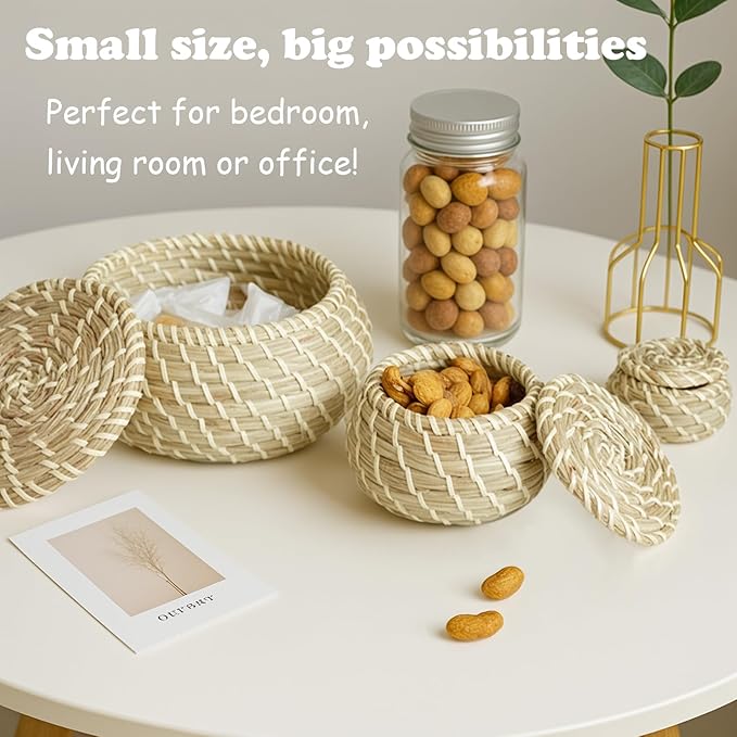 Set of 9 Round Woven Seagrass Baskets, Small Wicker Basket with Lid, Little Handmade Rattan Storage Basket Box for office, bedroom, living room