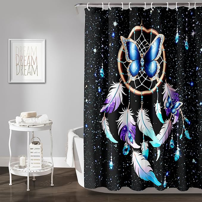 AILONEN Butterfly Dreamcatcher Shower Curtain, Blue Starry Galaxy Butterfly Bath Curtain,Dream Catcher Feather Print Waterproof Bathroom Curtain with 12 Plastic Hooks for Girls Women 72" W*96" H