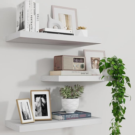 Marsmiles Wood Floating Shelves for Wall Set of 3, 17 Inch Wide Rustic Wooden Floating Shelves, Invisible Wall Mounted Display for Living Room Bedroom Kitchen Bathroom Office, White