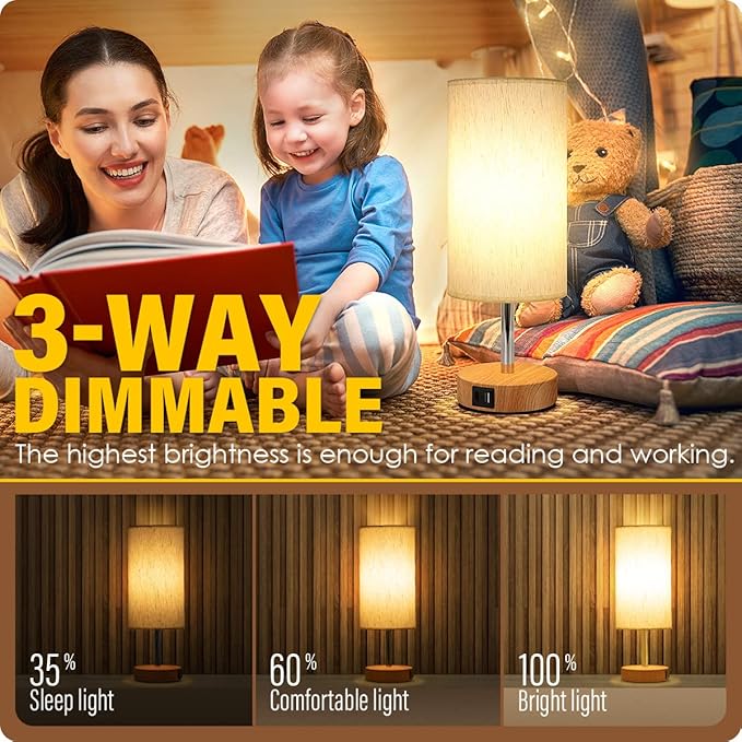 Yarra-Decor Bedside Lamp with USB A+C Charging Ports Set of Two - Touch Control Table Lamp for Wood 3 Way Dimmable Nightstand Lamp with Round Flaxen Fabric Shade (LED Bulb Included) (Y4-2 Pack)