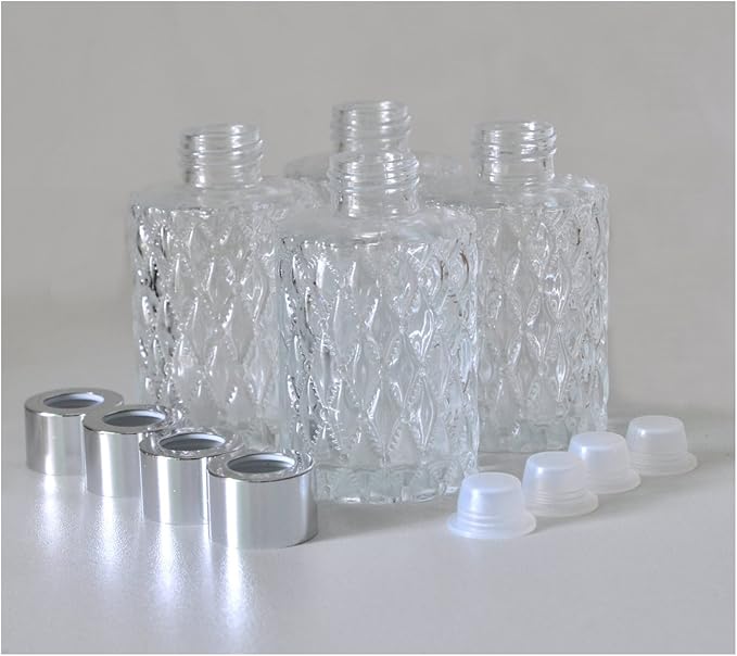 Set of 4 Diamond Carving Cylindrical Glass Essential Oils Diffuser Bottles (120ML, Silver Caps)