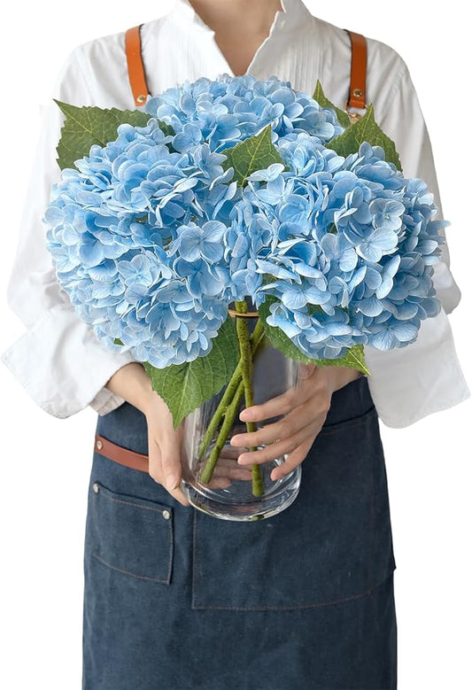 Light Blue Flowers Real Touch Artificial Hydrangeas, 3Pcs 21”Large Royal Latex Silk Flowers,Long Stems Fake Flower Bouquet for Centerpieces Table Home Party