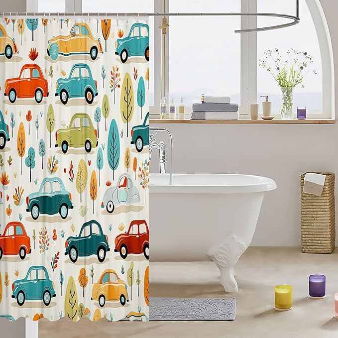 Feelyou Cartoon Car Shower Curtain Boys Girls Luxury Car Fabric Shower Curtain for Kids Colorful Tree Bathroom Waterproof Accessories with 12 Hooks Colorful Car Curtains,72x84 Inches
