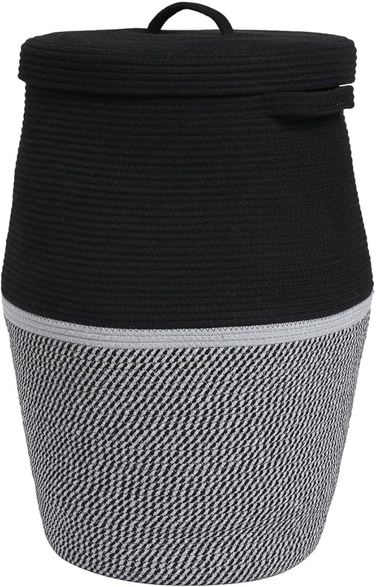 26" x 20" Tall Extra Large Storage Basket with Lid, Cotton Rope Storage Baskets, Woven Laundry Hamper with Cover, for Clothes Blanket in Living Room, Two Sides Black/Black Mix