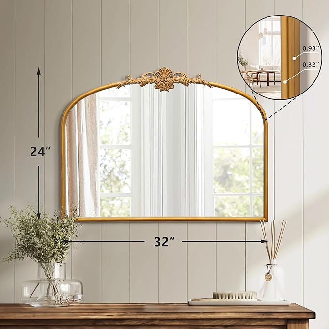 Vintage Baroque Gold Mirror: 32"x24" Arched Antique Wall Mounted Mirror - Traditional Ornate Metal Frame - Home Decor for Entryway/Fireplace/Living Room/Hallway/Bathroom