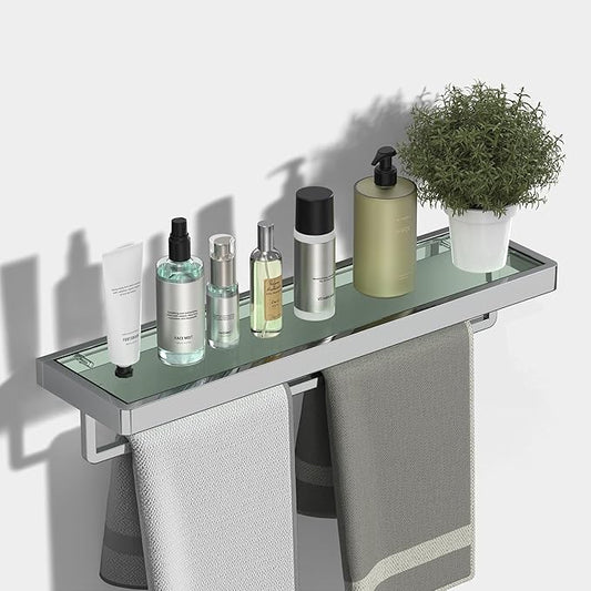 Bathroom Shelves/Glass Shelf Wall Mount 20-in with Towel Bar/Rack Floating Shelves for Bathroom Tempered Glass Rectangular 1 Tier Organizer Wall Shelf (Chrome Polished, 20'')