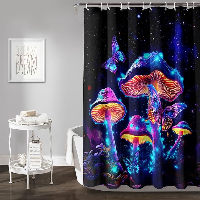 AILONEN Magic Mushroom Shower Curtain for Kids Girls,Glowing Mushrooms and Starry Night Waterproof Fabric Shower Curtain for Bathroom,Butterfly Plants Shower Curtain Set with Hooks,72" W*78" H