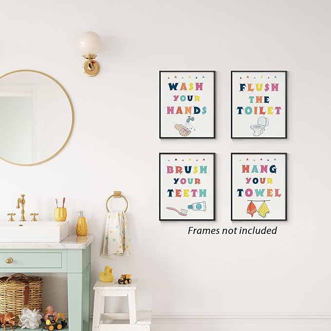 InSimSea Wall Art Prints Poster Funny Bathroom Signs Prints, Bathroom Quotes and Sayings Art Pictures Artwork, Kids Aesthetic Room Wall Decor, set of 4, 8x10 inch, Unframed
